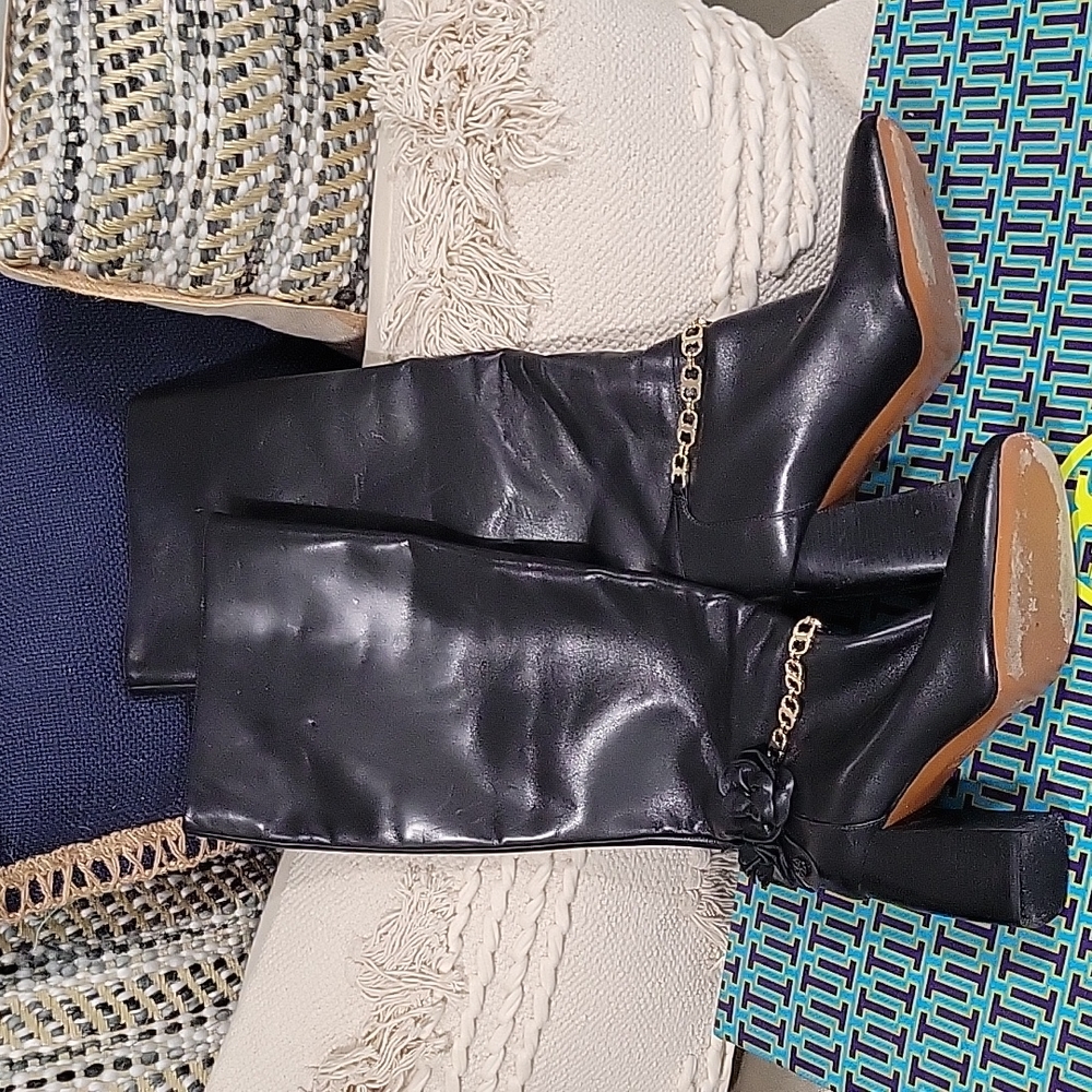 Tory Burch Black Blossom Block Heel Boots Tall Knee High Shoes - Picture 2 of 10